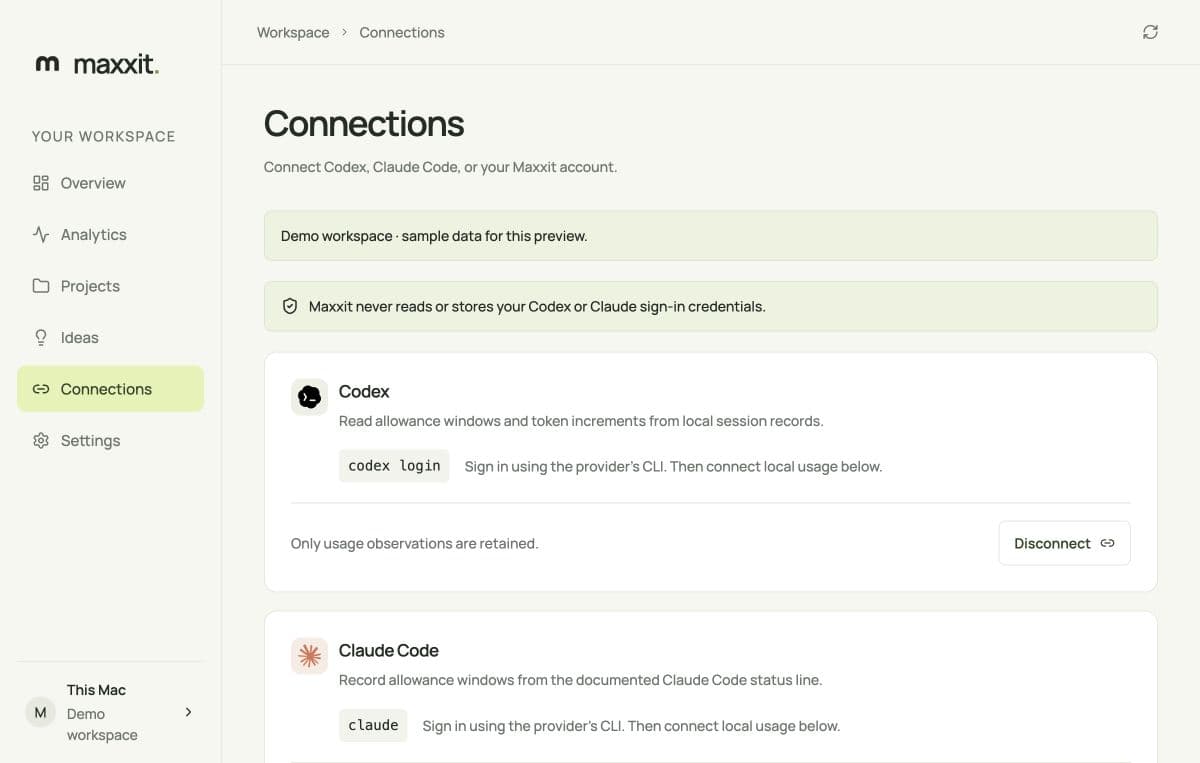 Maxxit Connections interface preview with sample data